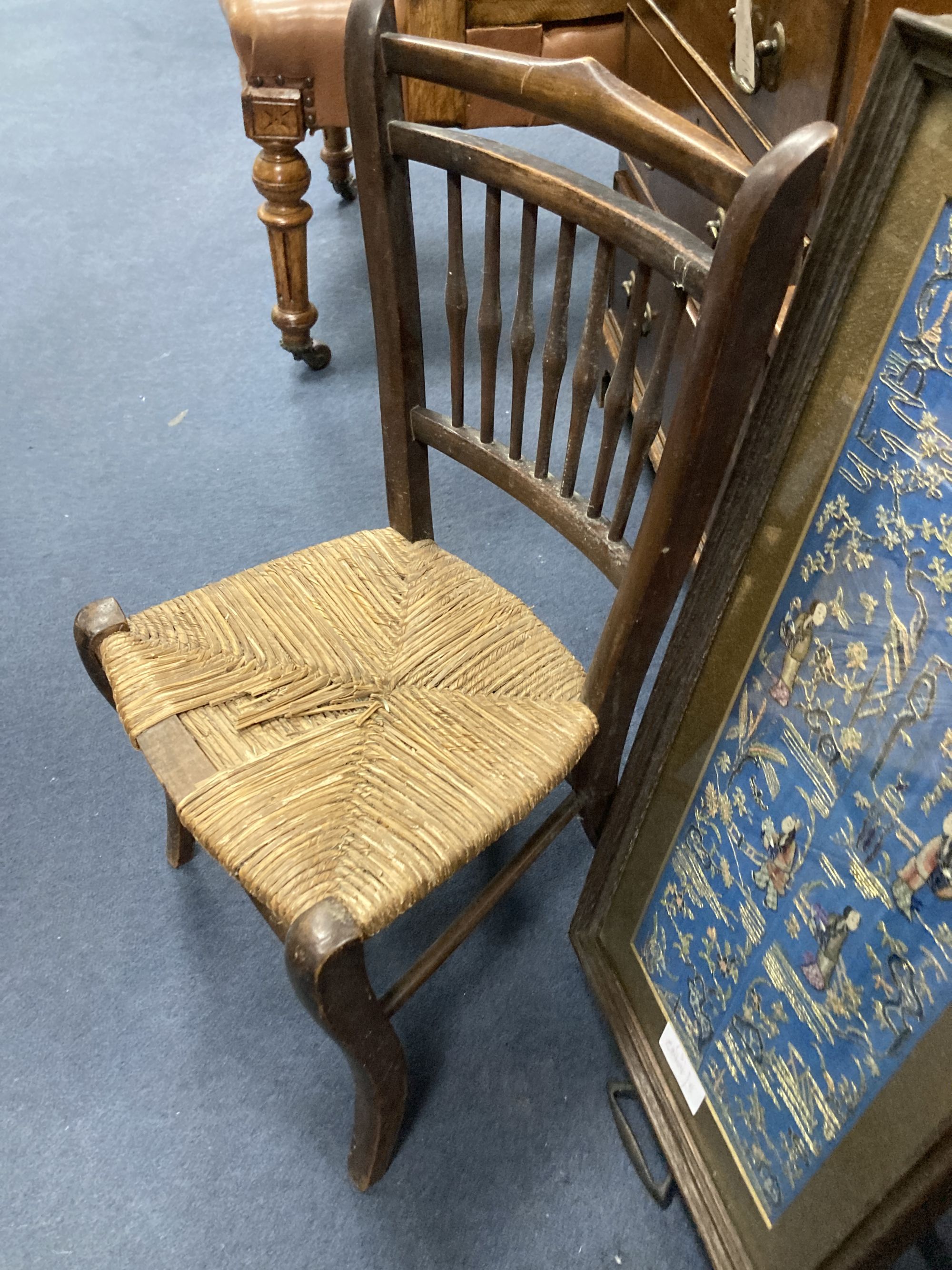 An Edwardian childs chair, another and a tray